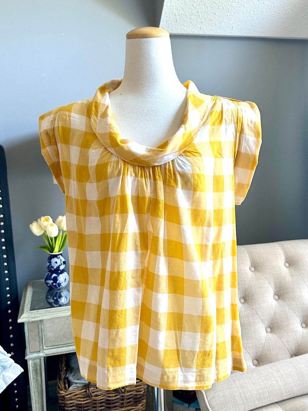French Connection Yellow and White Gingham Blouse